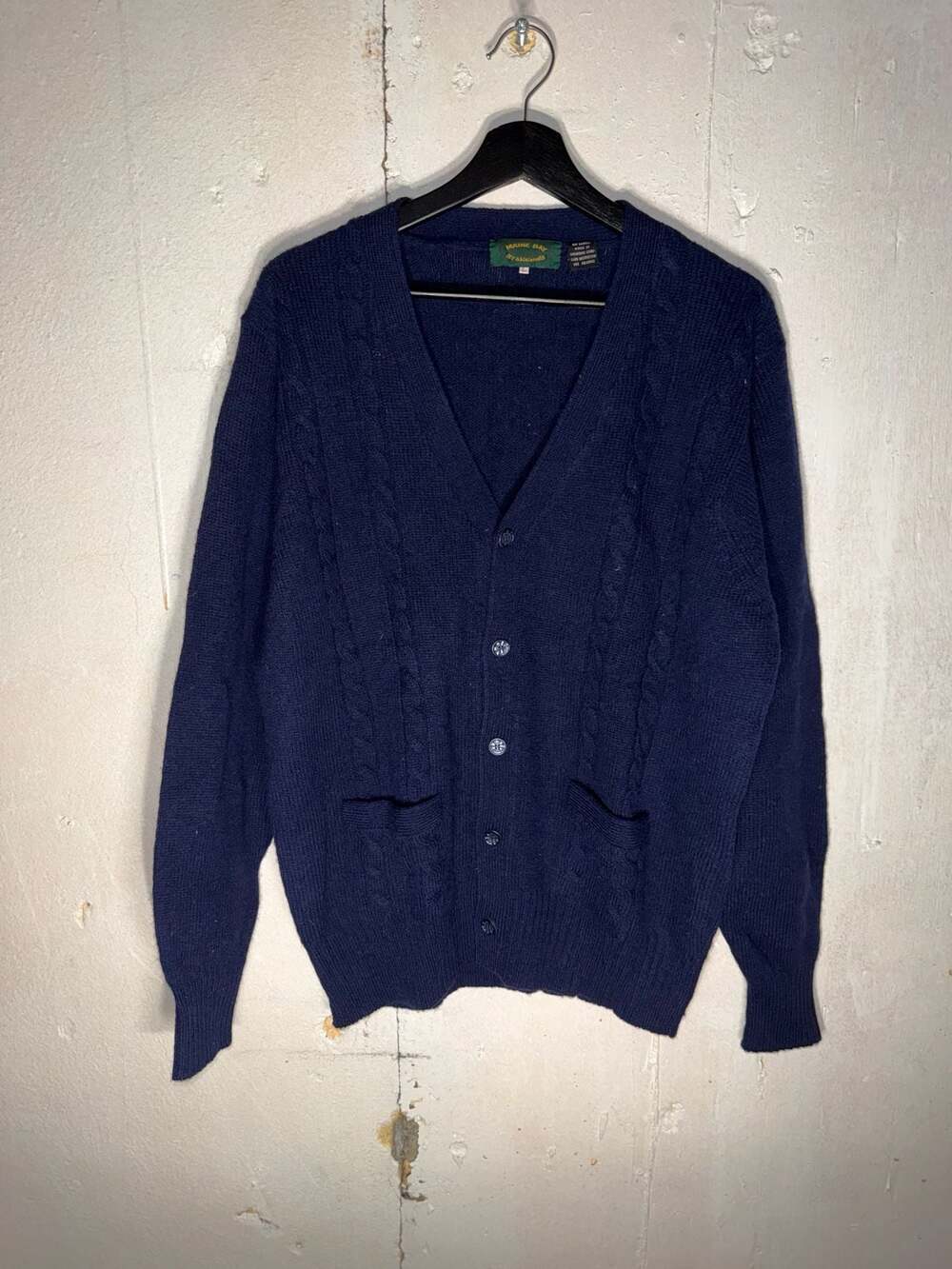 Vintage Maine Bay Traditionals Navy Blue Cable Knit Cardigan Sweater Size Large